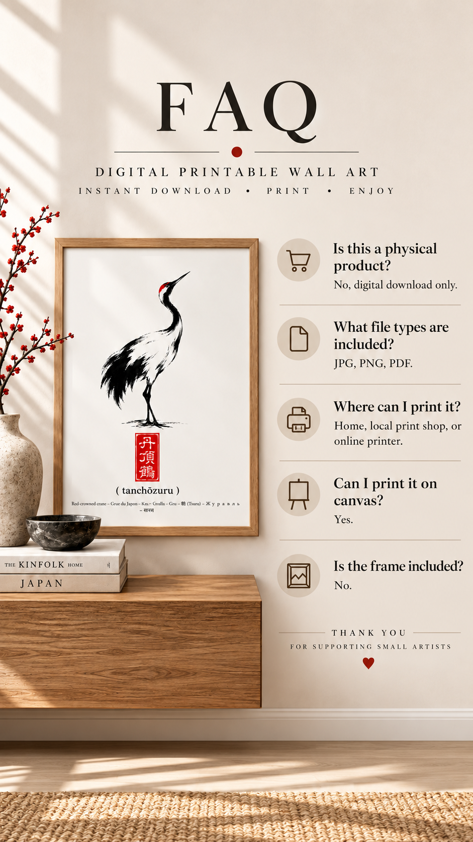 Japanese Red-Crowned Crane Wall Art – Printable Zen Poster FAQ on digital downloads and printing options.