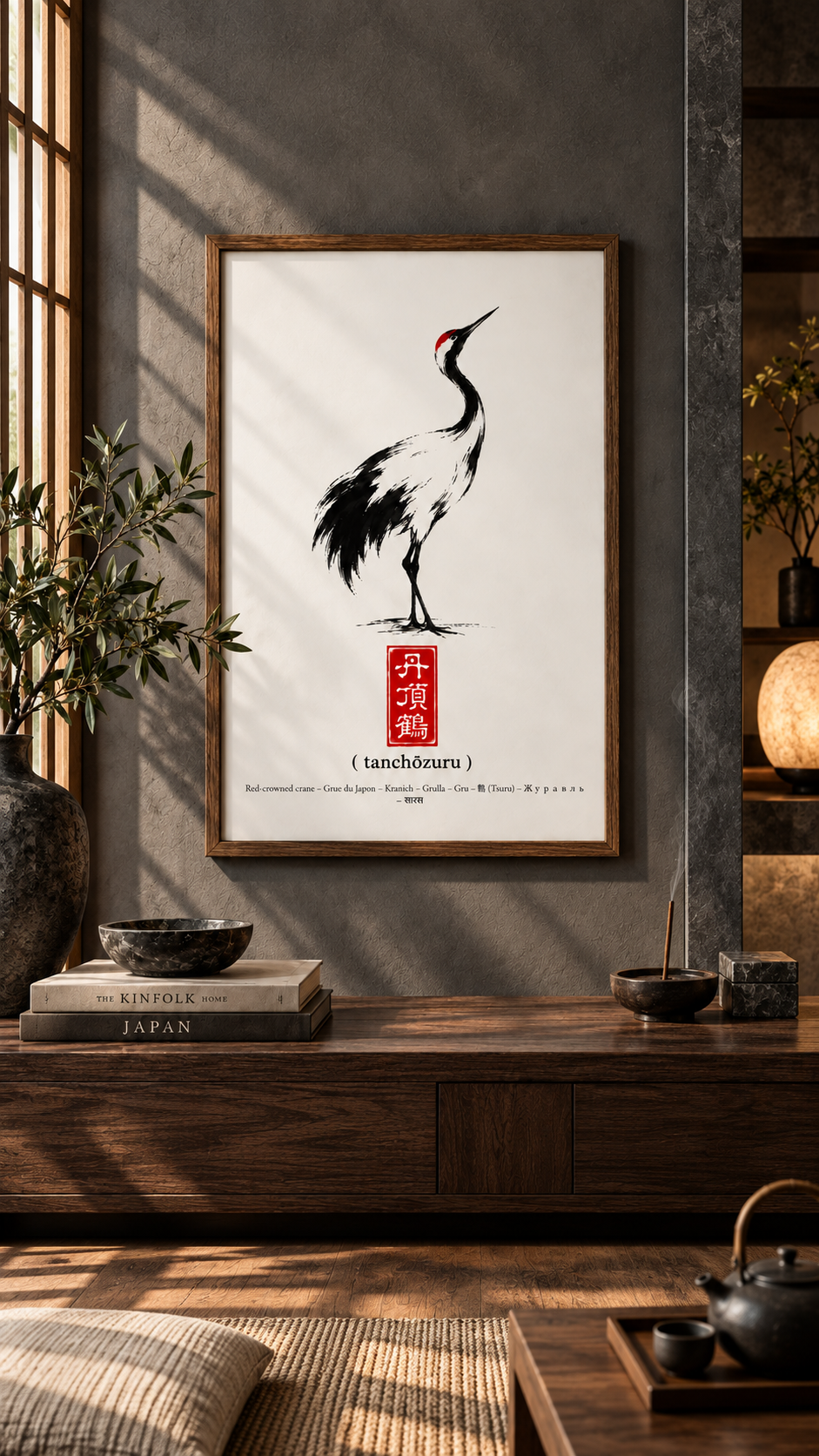 Japanese Red-Crowned Crane Wall Art – Printable Zen Poster featuring a minimalist crane design.