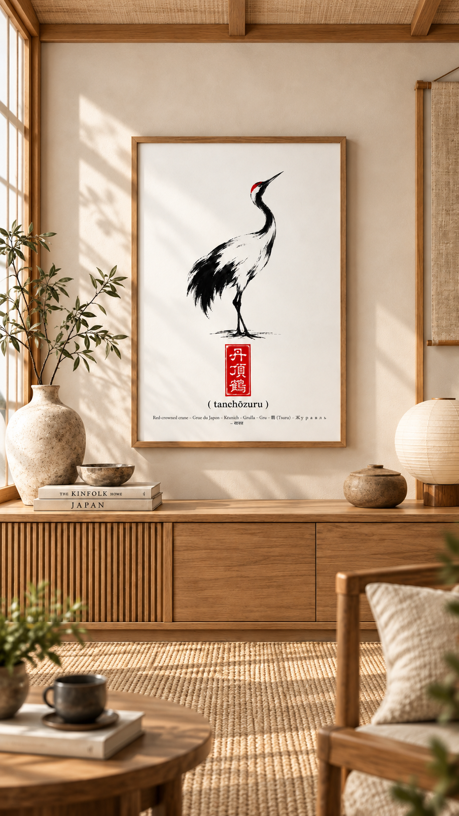 Japanese Red-Crowned Crane Wall Art displayed in a stylish, minimalist interior setting.