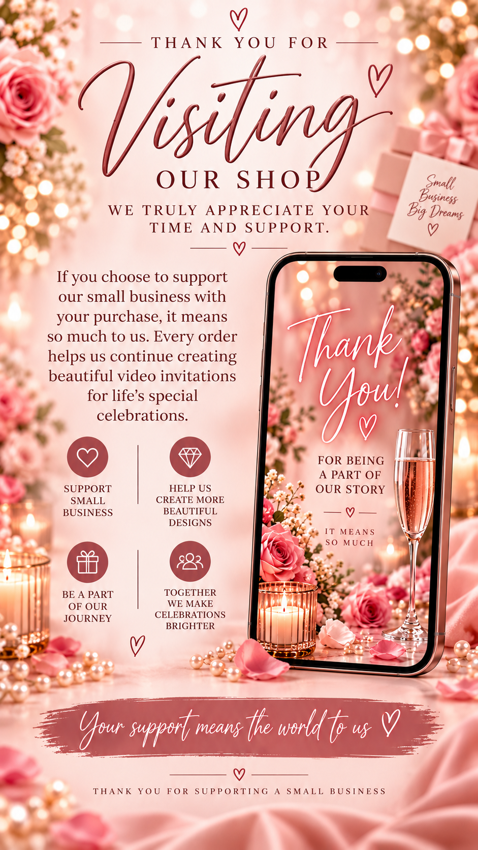 Birthday Brunch Video Invitation Thank you for visiting our shop video invitation with elegant pink floral design and champagne-themed elements.
