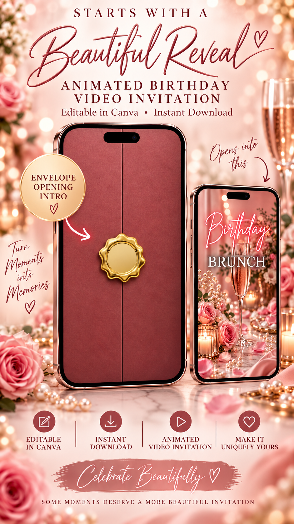 Birthday Brunch Video Invitation - Editable Canva Template with elegant floral design and champagne theme.