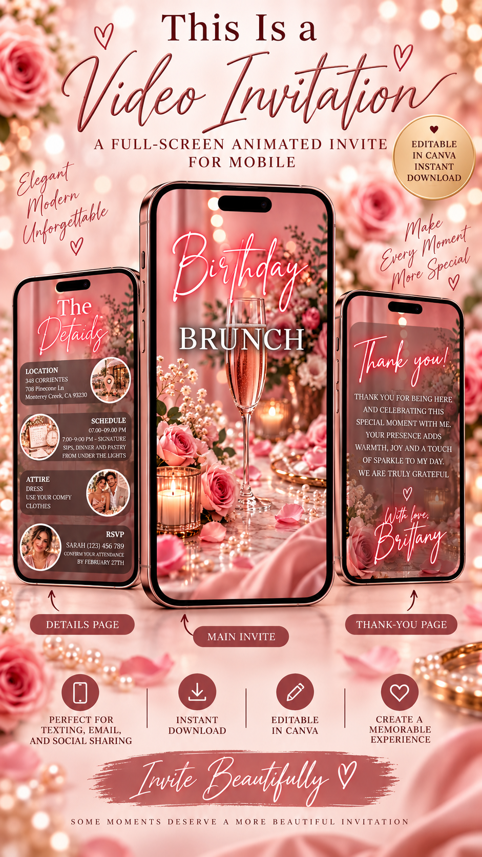 Birthday Brunch Video Invitation - elegant animated invite for mobile with floral design.