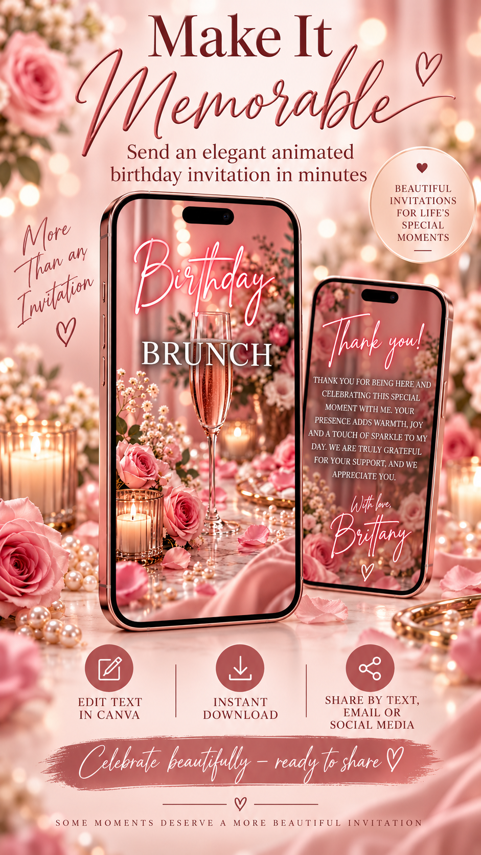 Birthday Brunch Video Invitation featuring elegant floral design and champagne glasses on mobile devices.