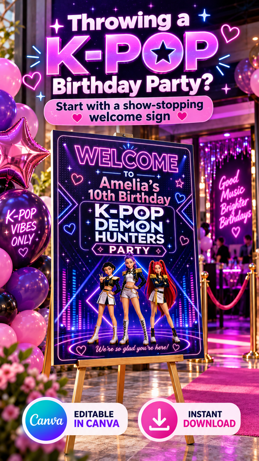 Kpop Demon Hunters Welcome Sign for Amelia's 10th birthday party with colorful design and party decorations.