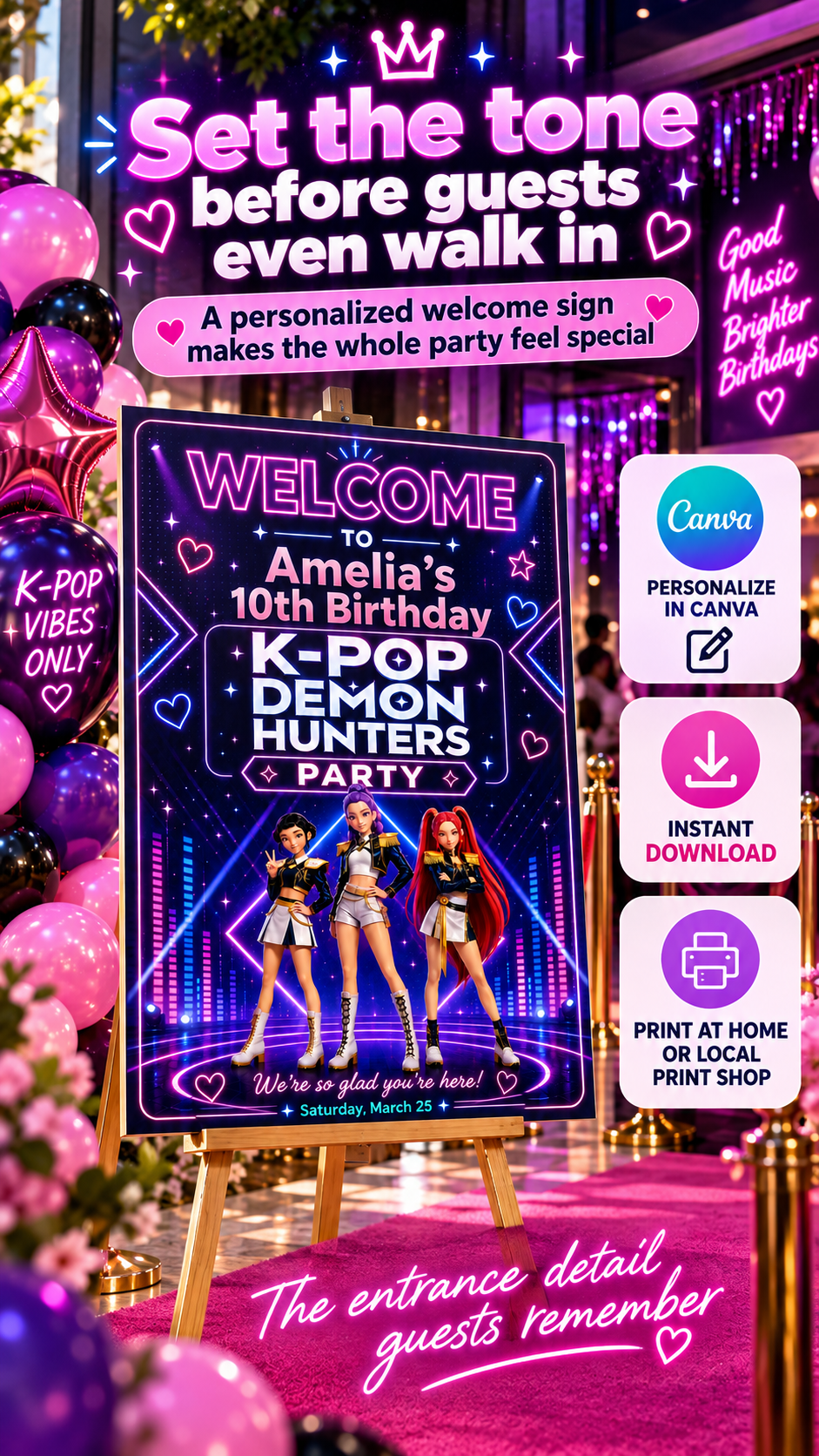 Kpop Demon Hunters Welcome Sign for birthday parties with vibrant decor and personalized details.
