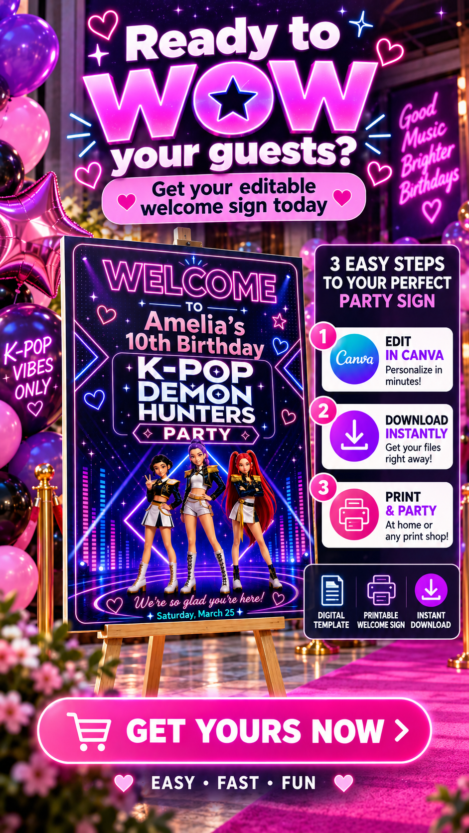 Colorful Kpop Demon Hunters Welcome Sign for a birthday party with vibrant design and editable features.