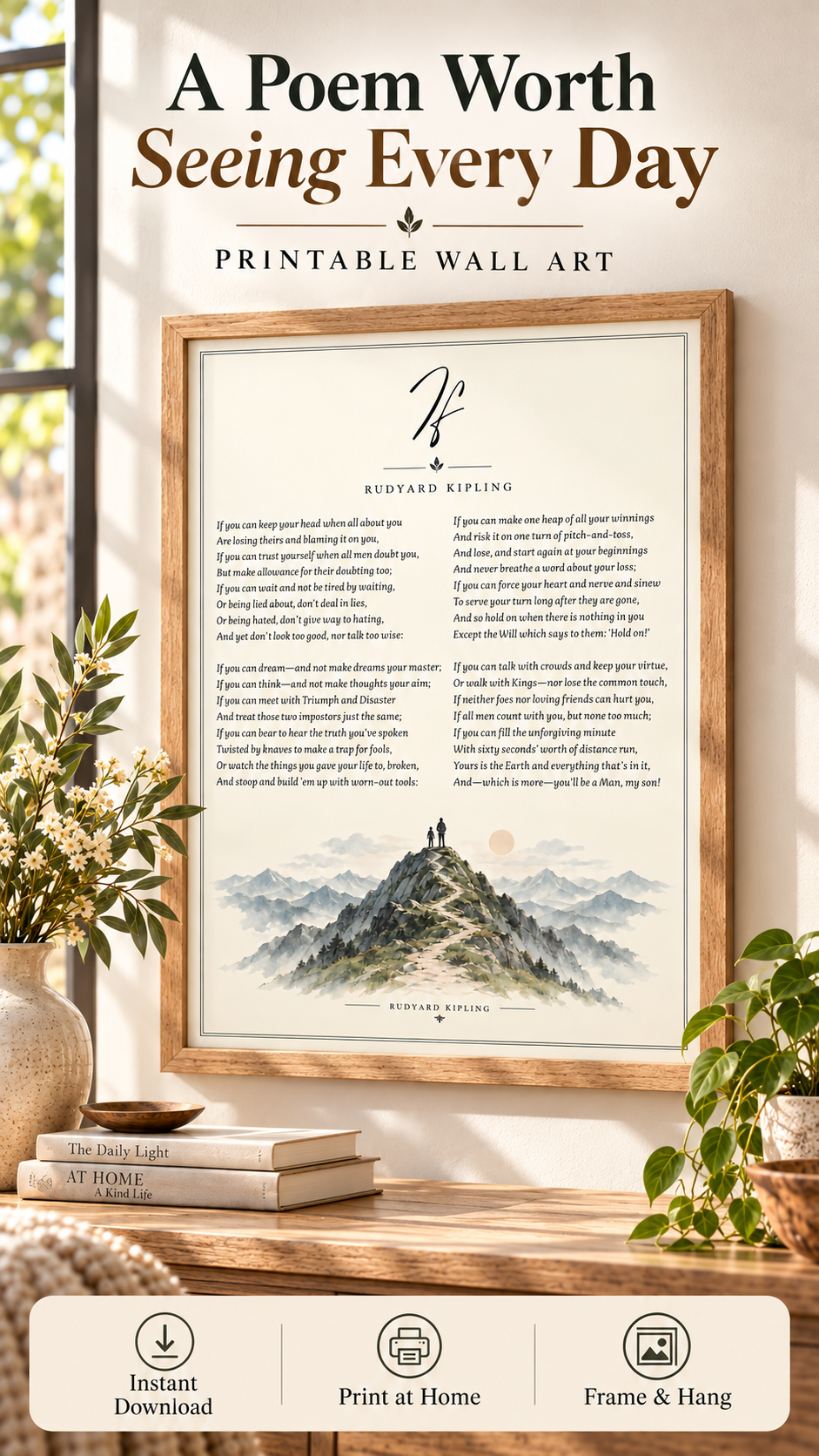 If Poem Printable Wall Art featuring Rudyard Kipling's poem with soft mountain illustration as a digital print.