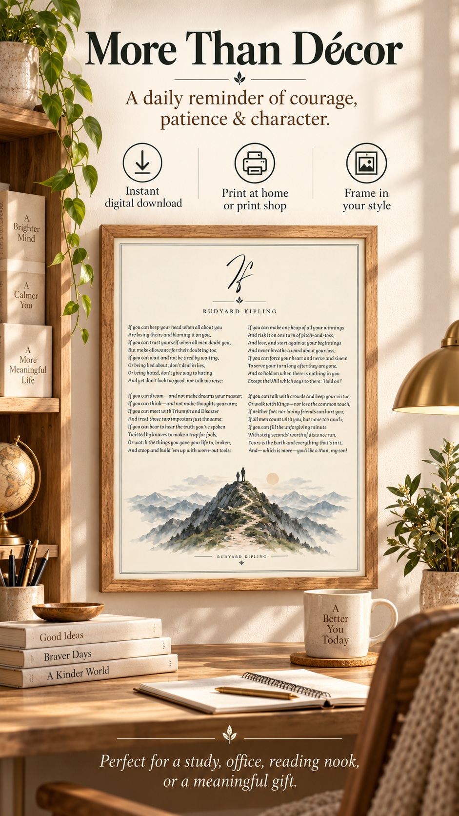 If Poem Printable Wall Art featuring Rudyard Kipling's poem with mountain illustration, inspiring courage and character.