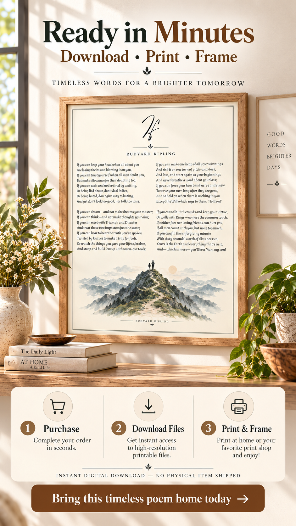 If Poem Printable Wall Art featuring Rudyard Kipling's poem with mountain illustration, ready to download and print.