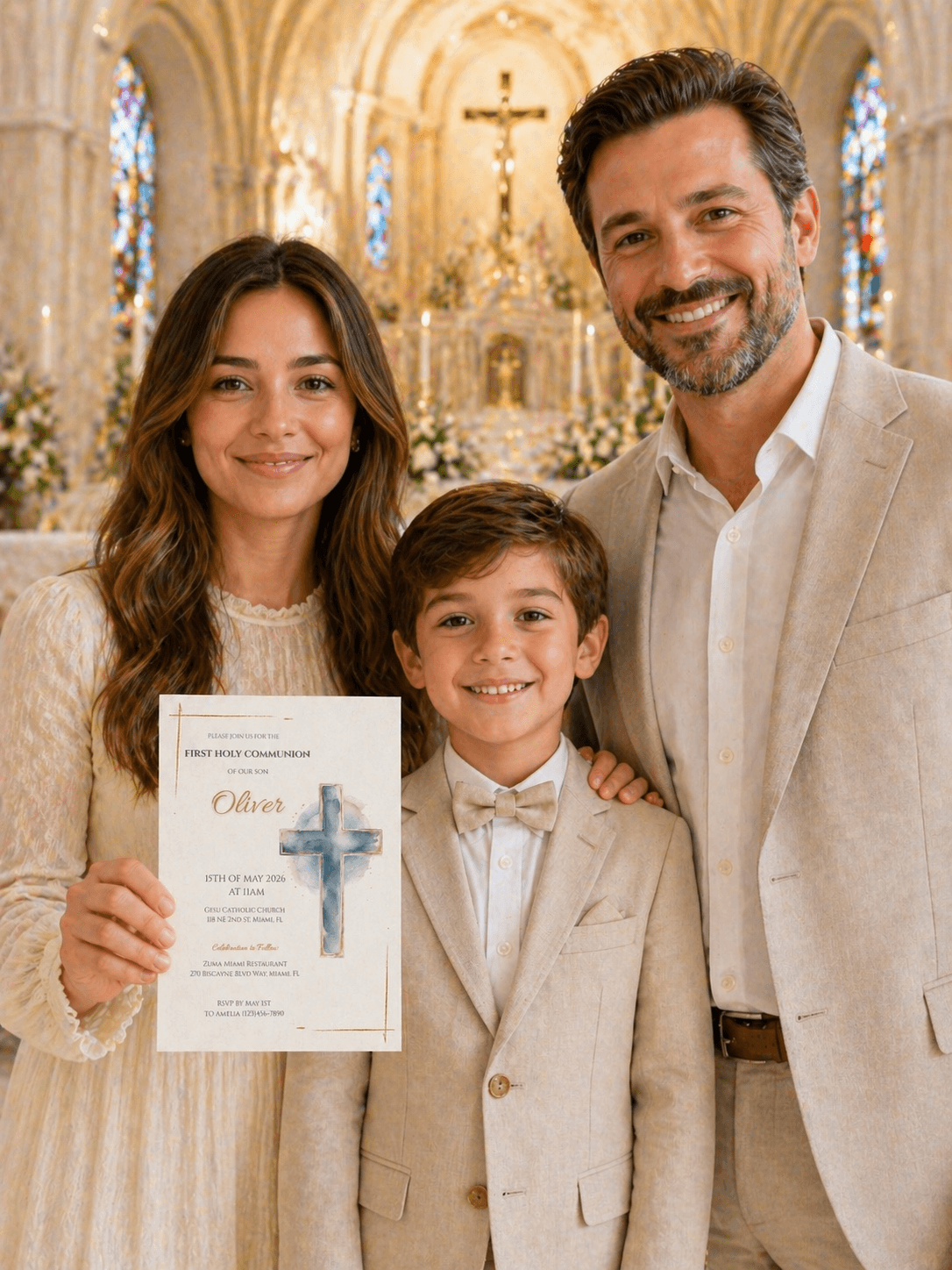 First Communion Invitation Printable held by a family in a church, celebrating a child's special day.