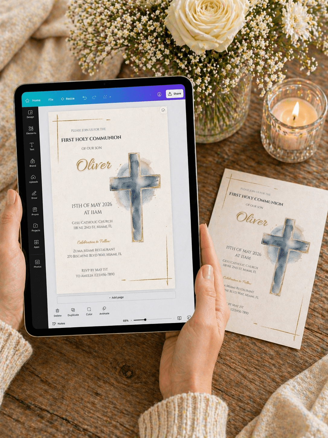 First Communion Invitation Printable displayed on tablet and card, featuring a blue cross design and floral decorations.