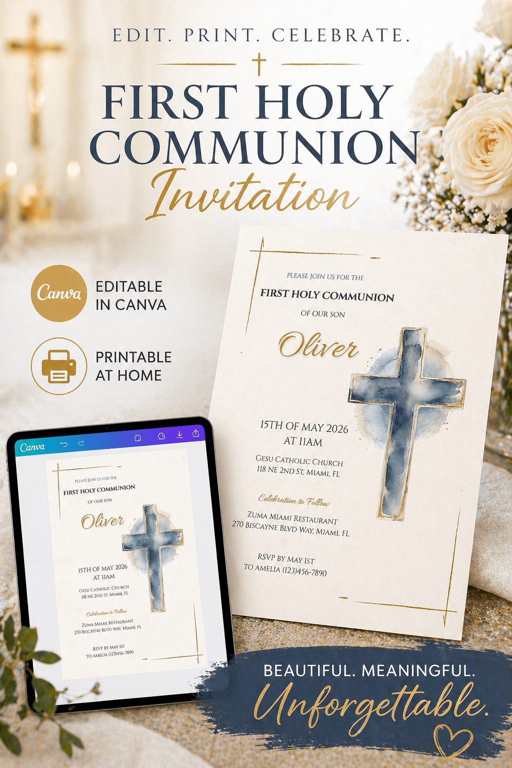 First Communion Invitation Printable design with cross, editable in Canva, perfect for home printing.