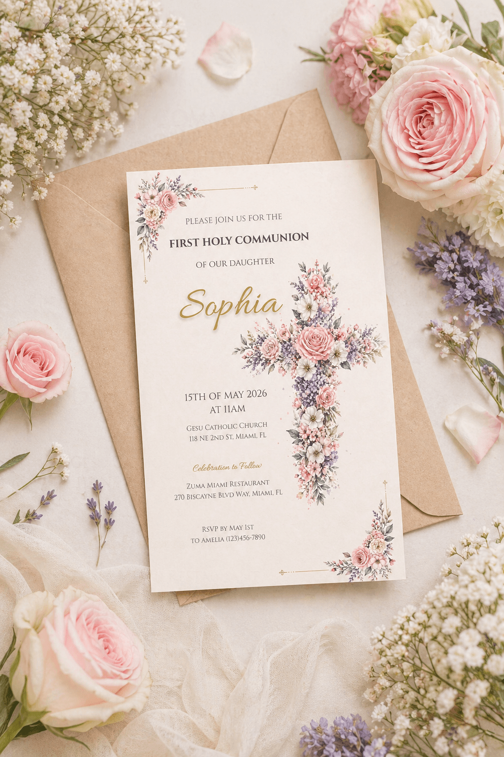 First Communion Invitation Template Editable featuring floral cross design and details for Sophia's First Holy Communion.