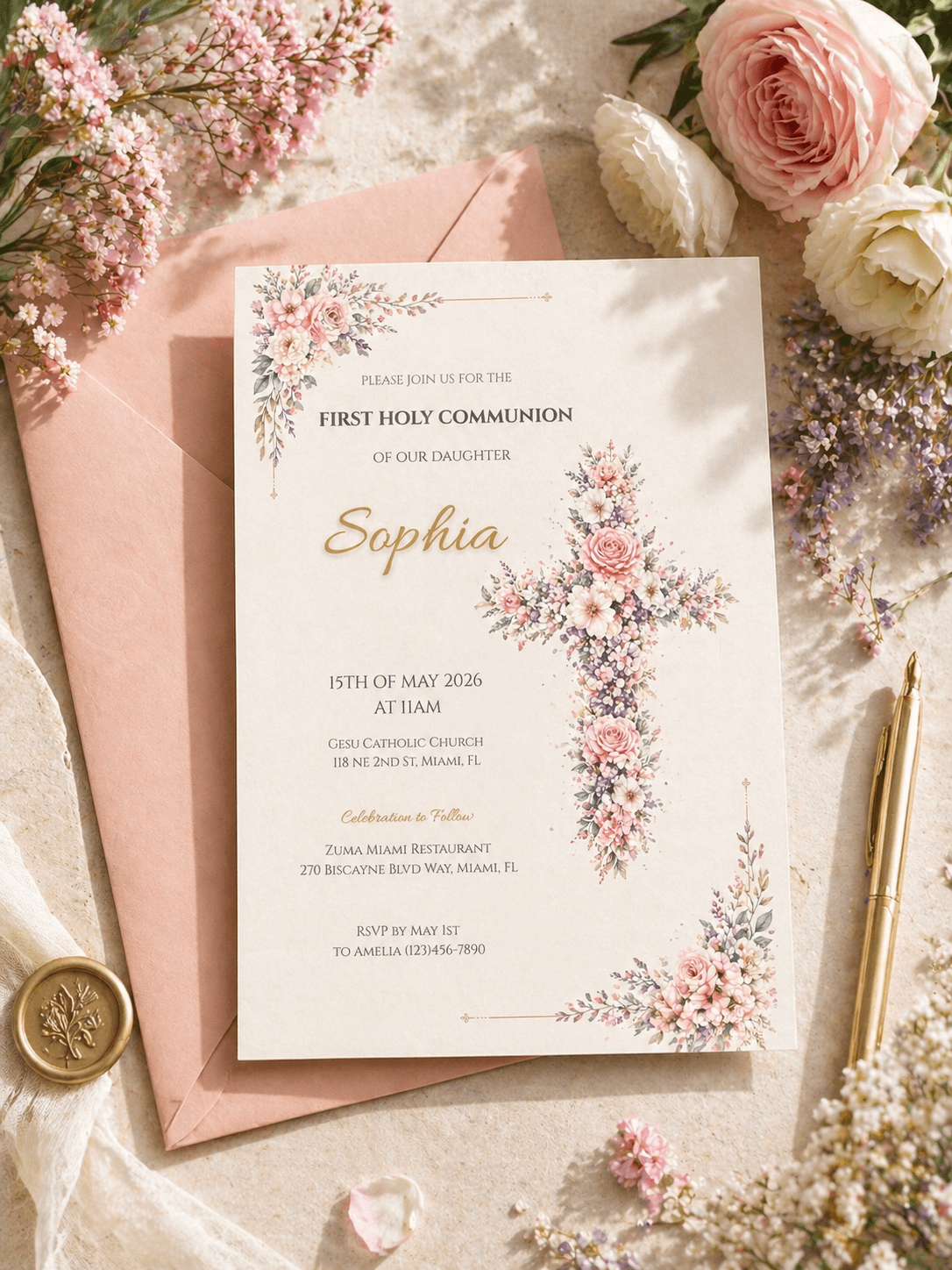 First Communion Invitation Template Editable featuring floral designs and elegant cross, personalized for Sophia.