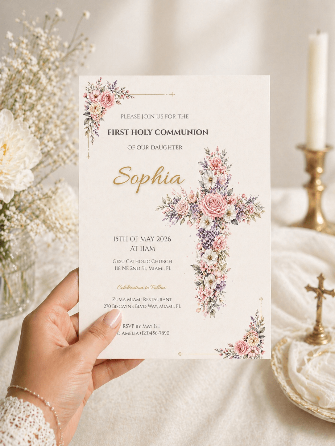 First Communion Invitation Template Editable featuring floral design and personalized details for Sophia's ceremony.