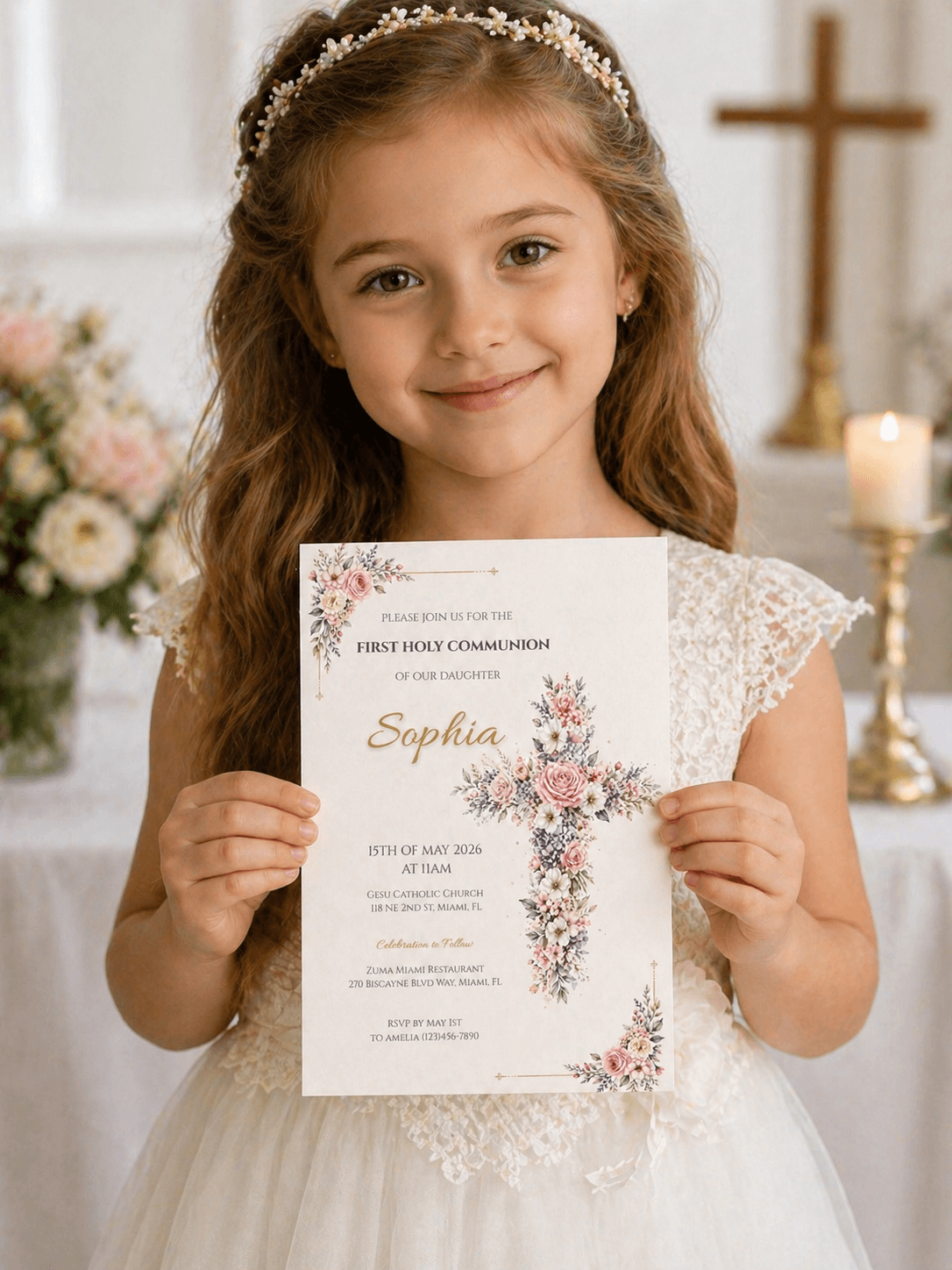 A young girl in a white dress holds a First Communion invitation template editable, surrounded by floral decorations.