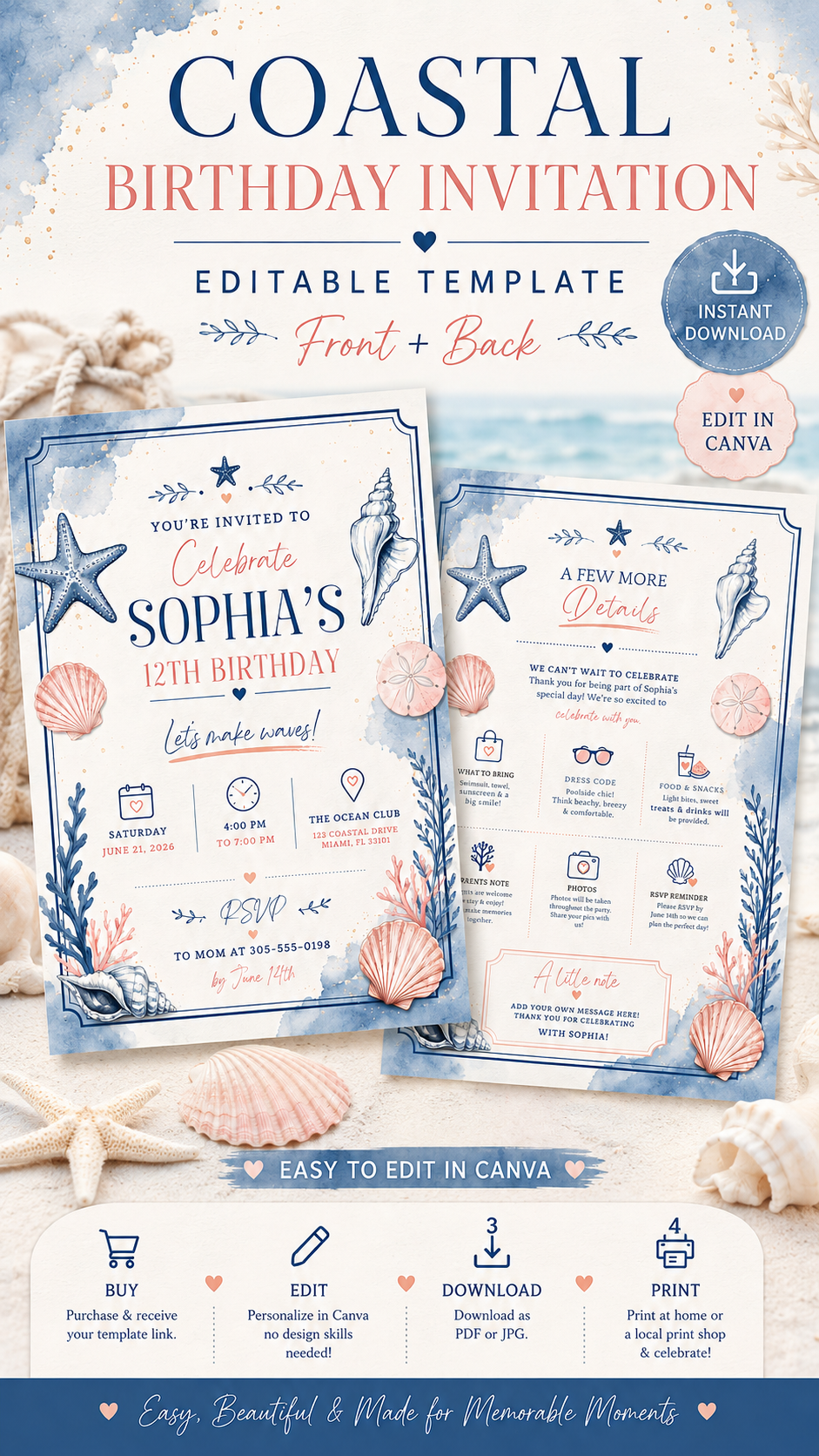 Coastal Birthday Invitation featuring seashells and starfish, editable Canva template for summer celebrations.