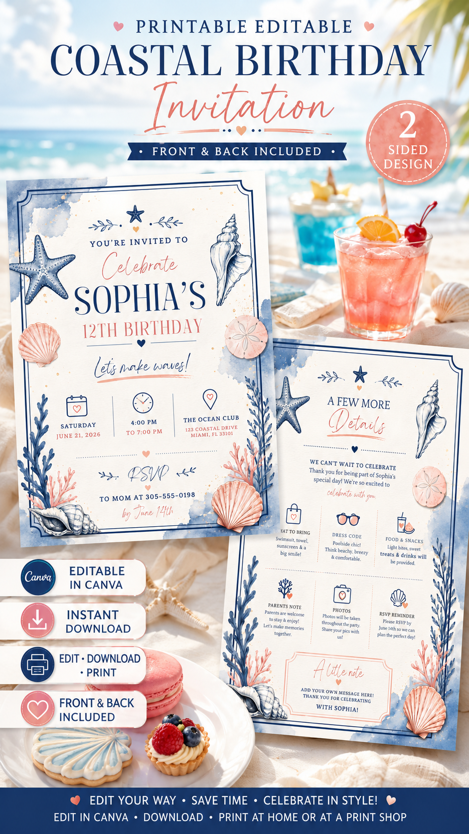 Printable Editable Coastal Birthday Invitation featuring seashells and ocean colors, perfect for beach-themed parties.