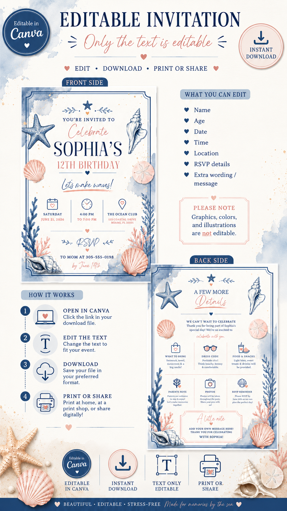 Coastal Birthday Invitation editable template showing design with seashells and starfish for a beach celebration.