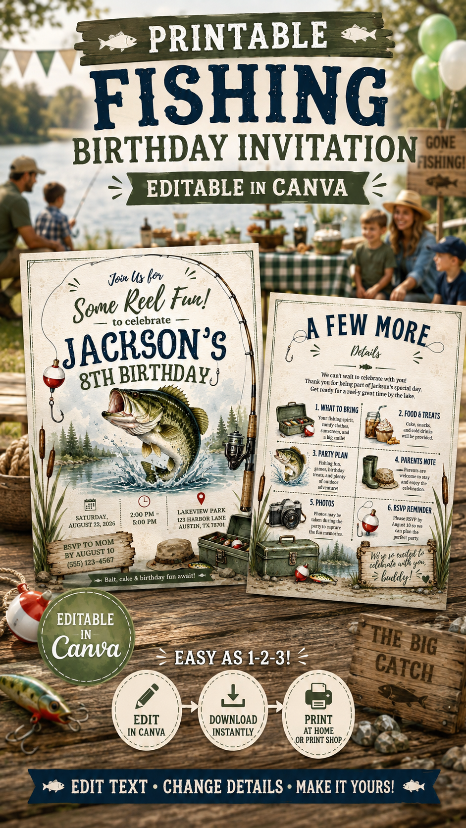 Printable Fishing Birthday Invitation featuring vintage fishing design and editable Canva template.