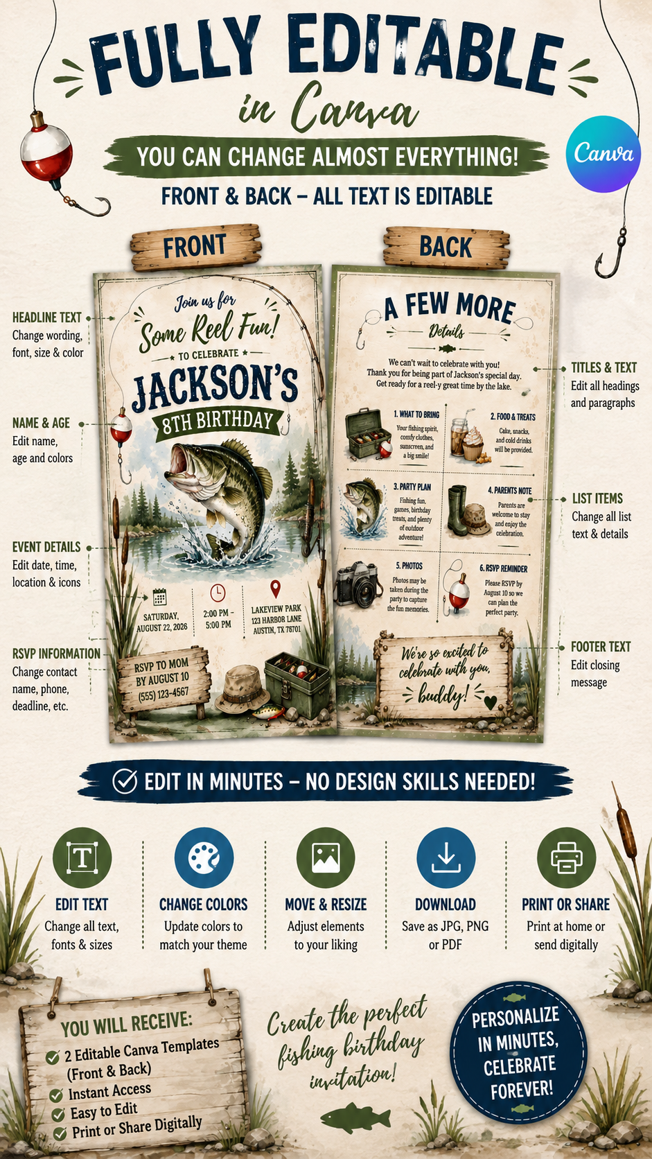 Fishing Birthday Invitation – Editable Canva template showcasing front and back designs for a fishing-themed birthday party.