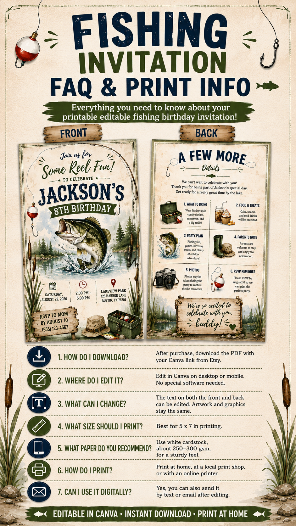 Fishing Birthday Invitation FAQ & Print Info for editable fishing-themed birthday invitation template