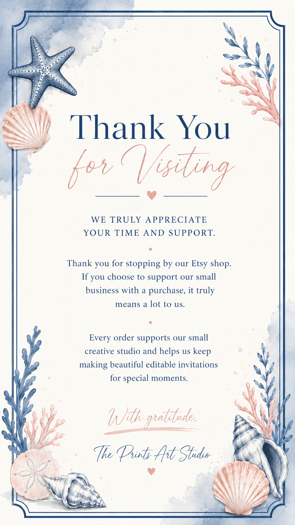 Coastal Birthday Invitation. Thank You for Visiting note with coastal design, seashells, starfish, and coral in soft blue and pink tones.