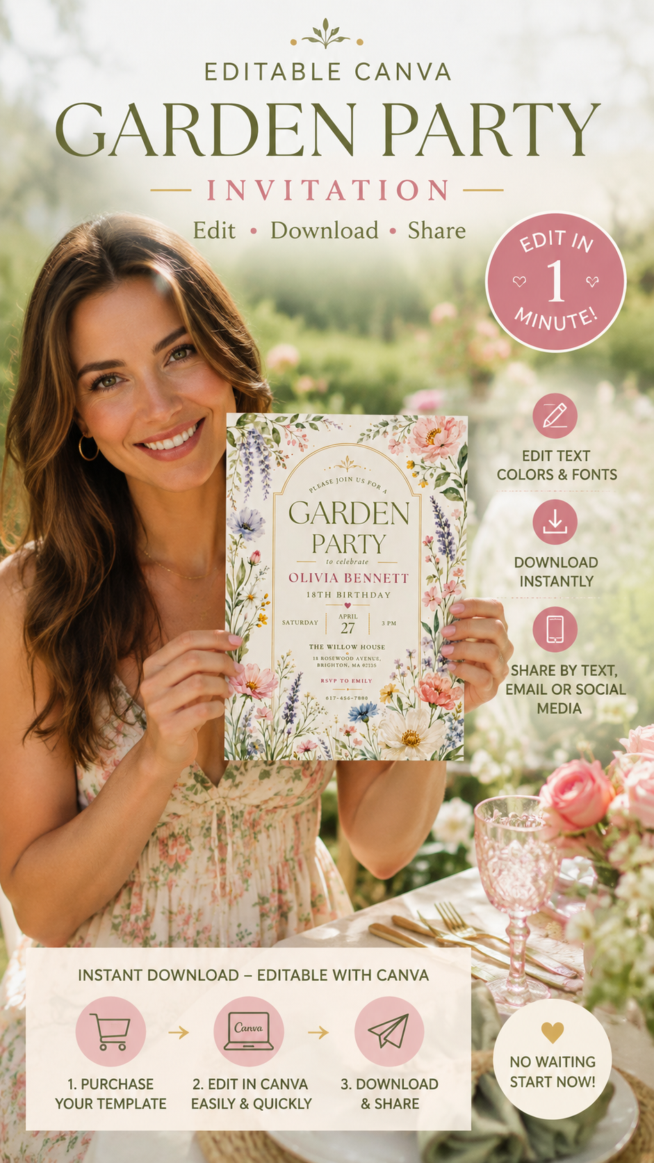 Garden Party Birthday Invitation showcasing an editable Canva template with watercolor wildflowers and a smiling woman holding the invite.