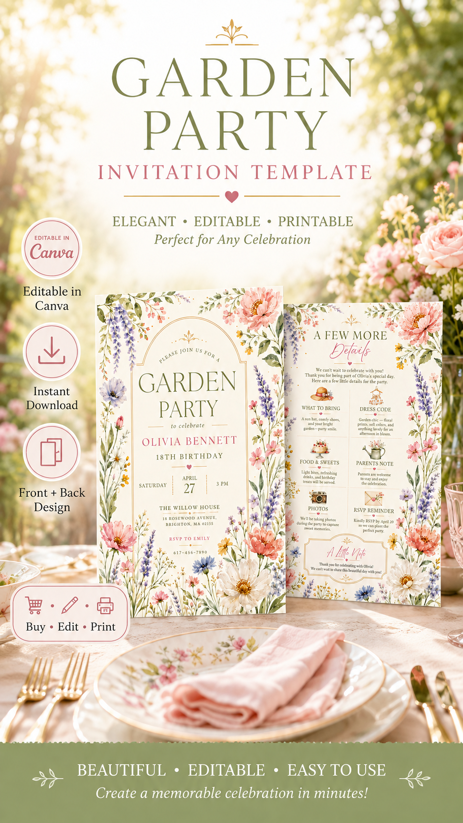 Garden Party Birthday Invitation featuring elegant design and floral elements, editable Canva template for celebrations.
