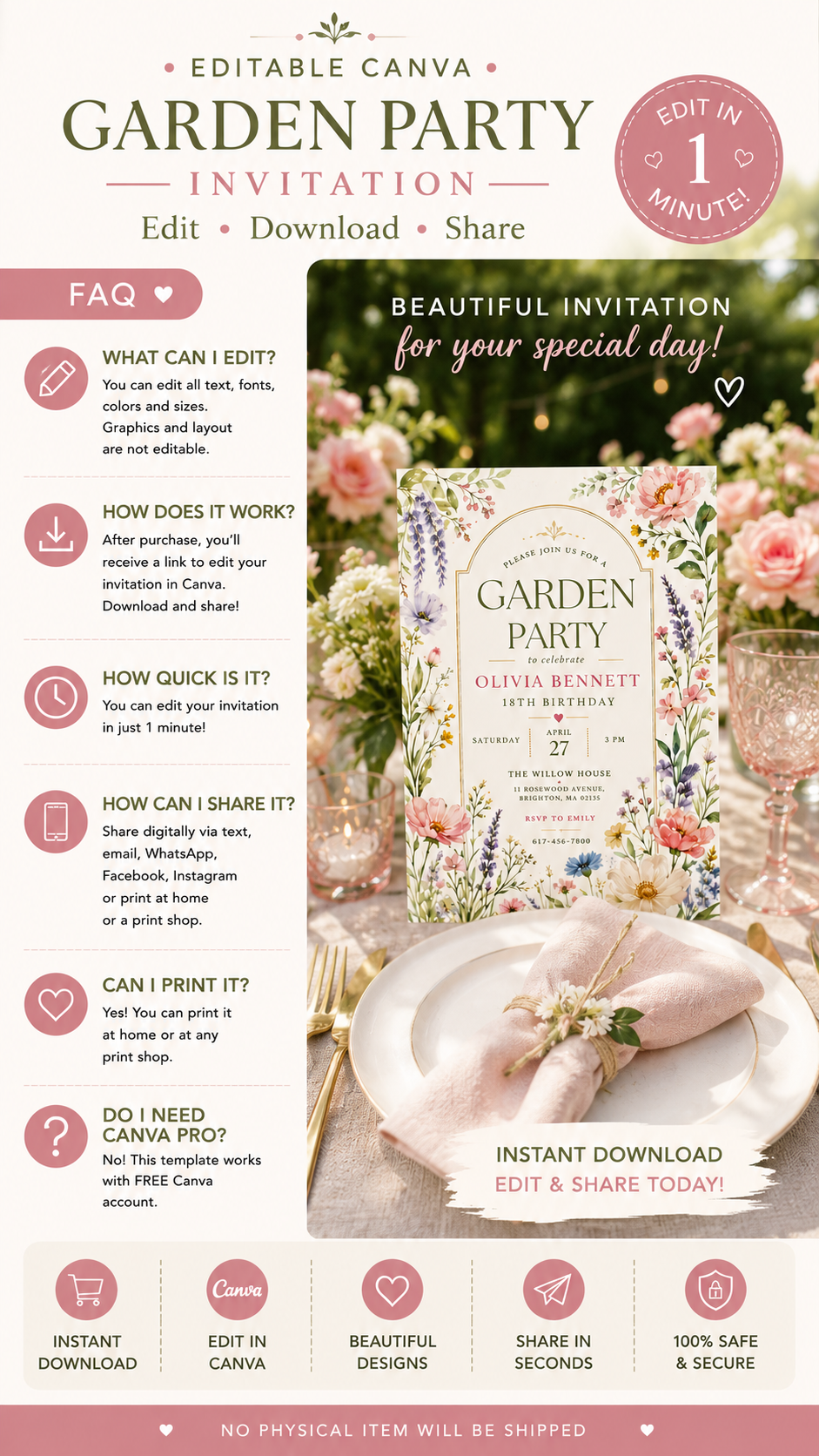 Editable Garden Party Birthday Invitation template featuring watercolor wildflowers and elegant design elements.