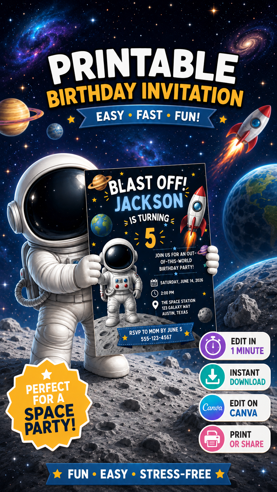 Space Birthday Invitation featuring astronaut, rocket ship, and planets with bold "Blast Off" design for kids' party.