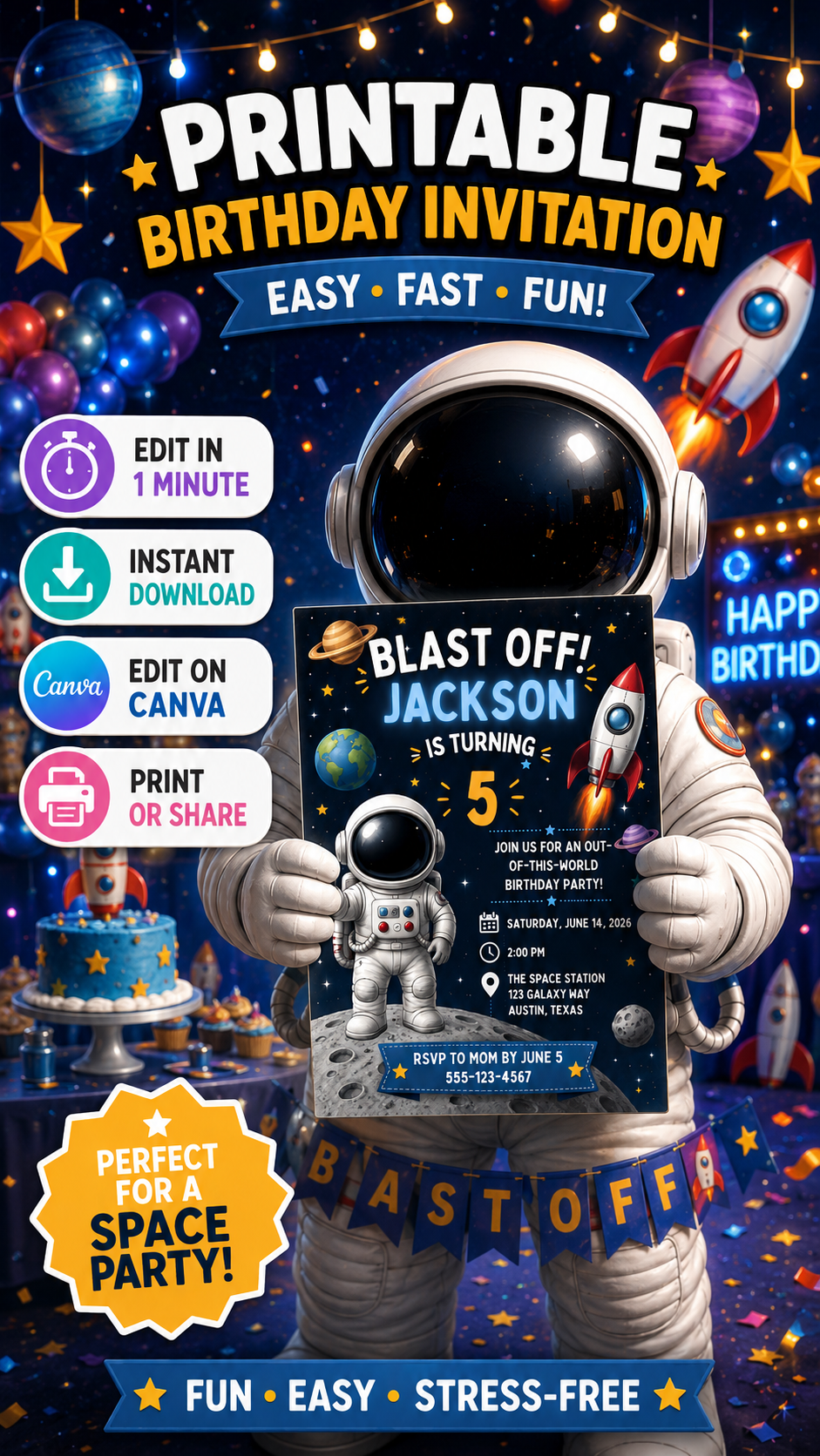 Space Birthday Invitation featuring an astronaut, colorful planets, and a rocket for a fun space-themed party.