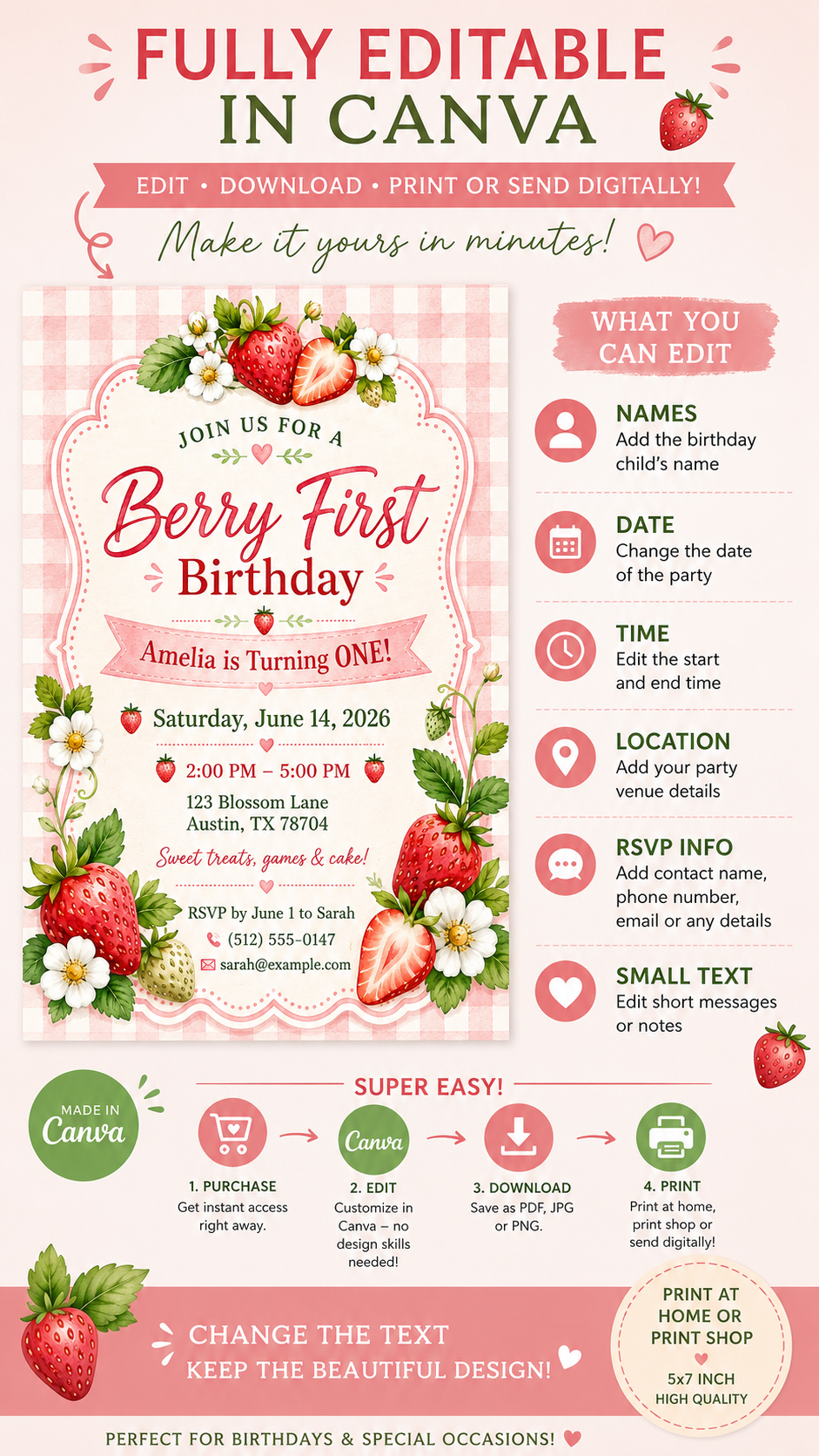 Berry First Birthday Invitation – Editable Canva Template with strawberries and pink gingham design.