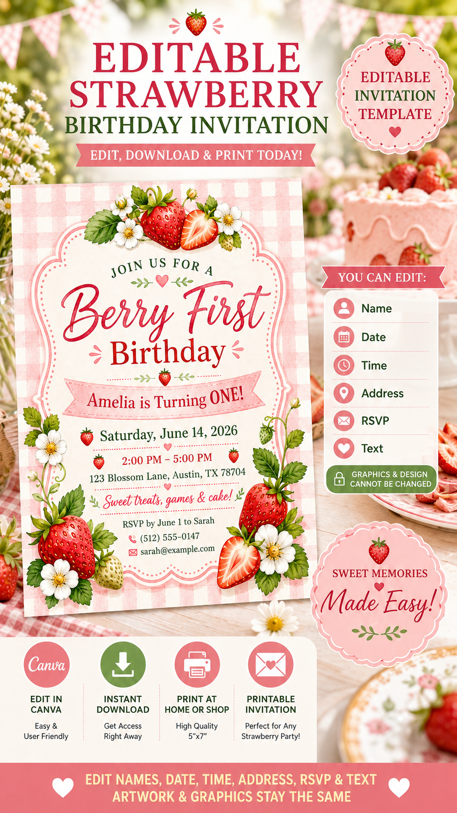 Berry First Birthday Invitation - Editable Canva template with strawberries and floral design for a first birthday celebration.