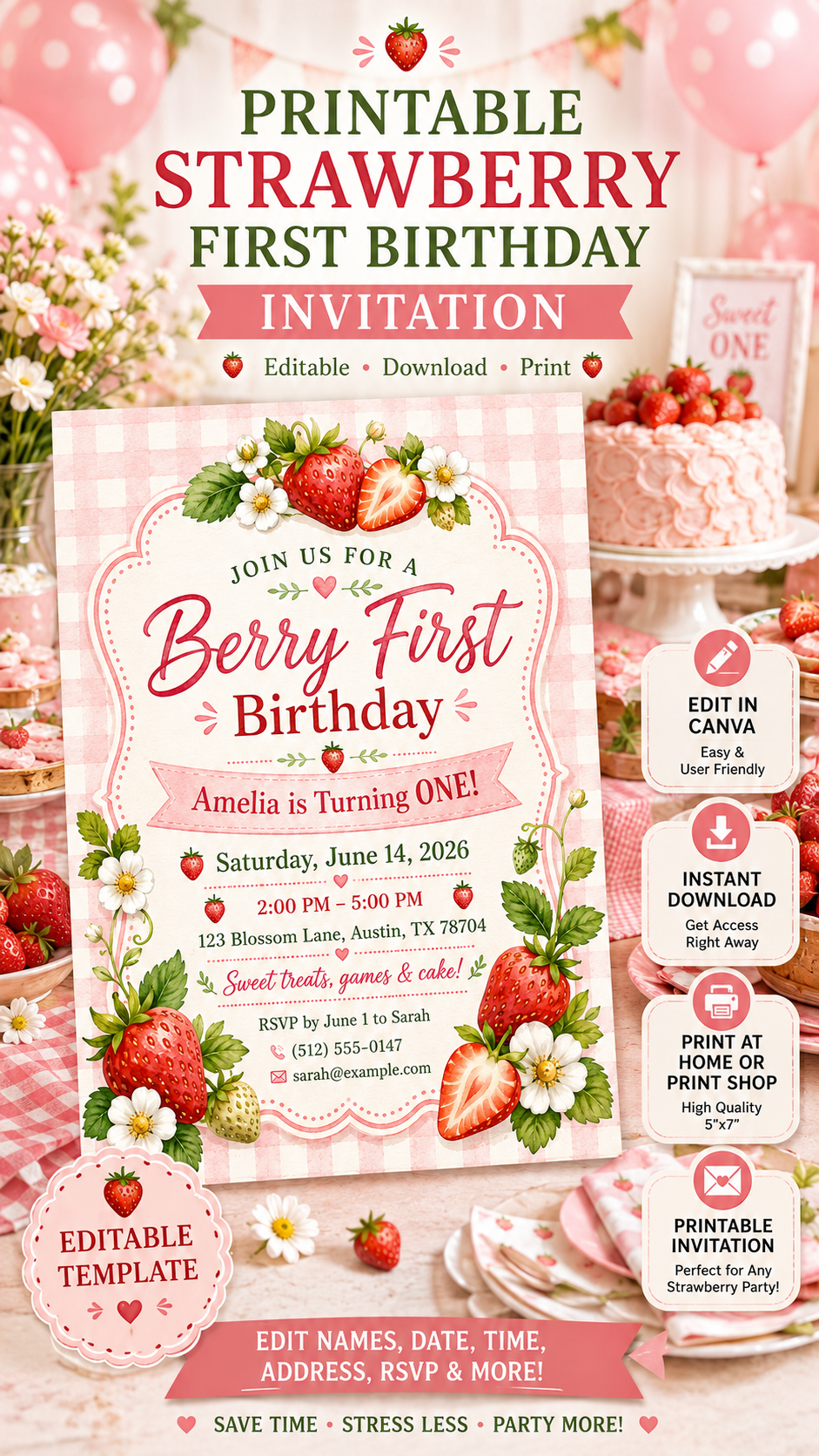 Berry First Birthday Invitation featuring watercolor strawberries and pink gingham design for a sweet celebration.