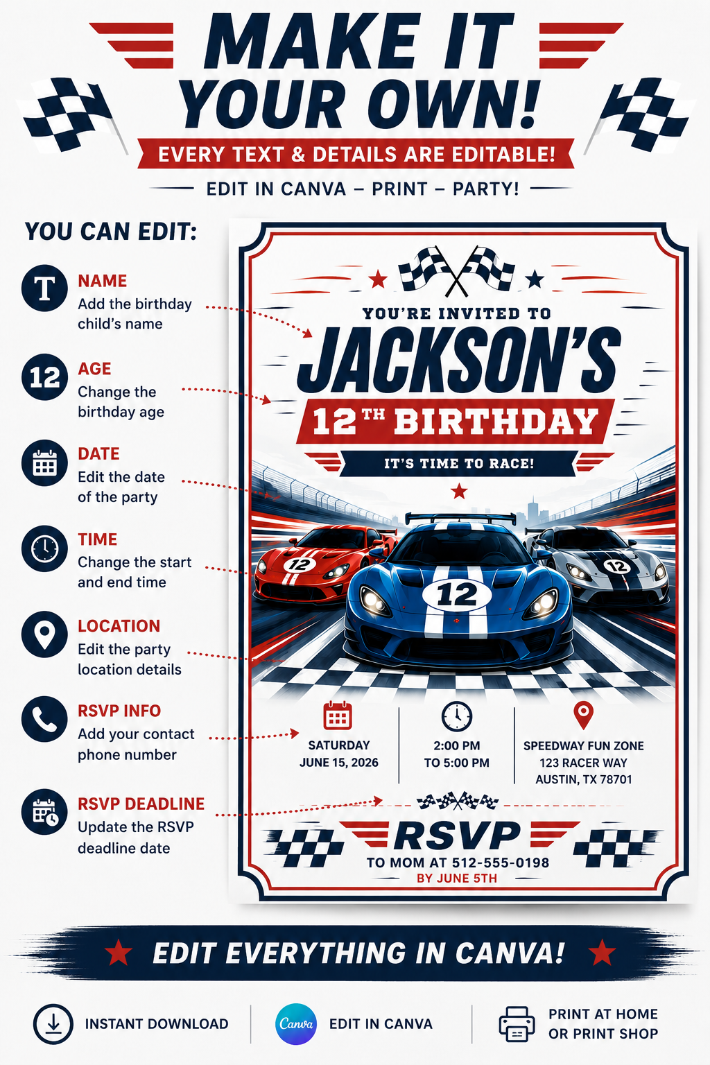 Race Car Birthday Invitation – Editable Canva Template