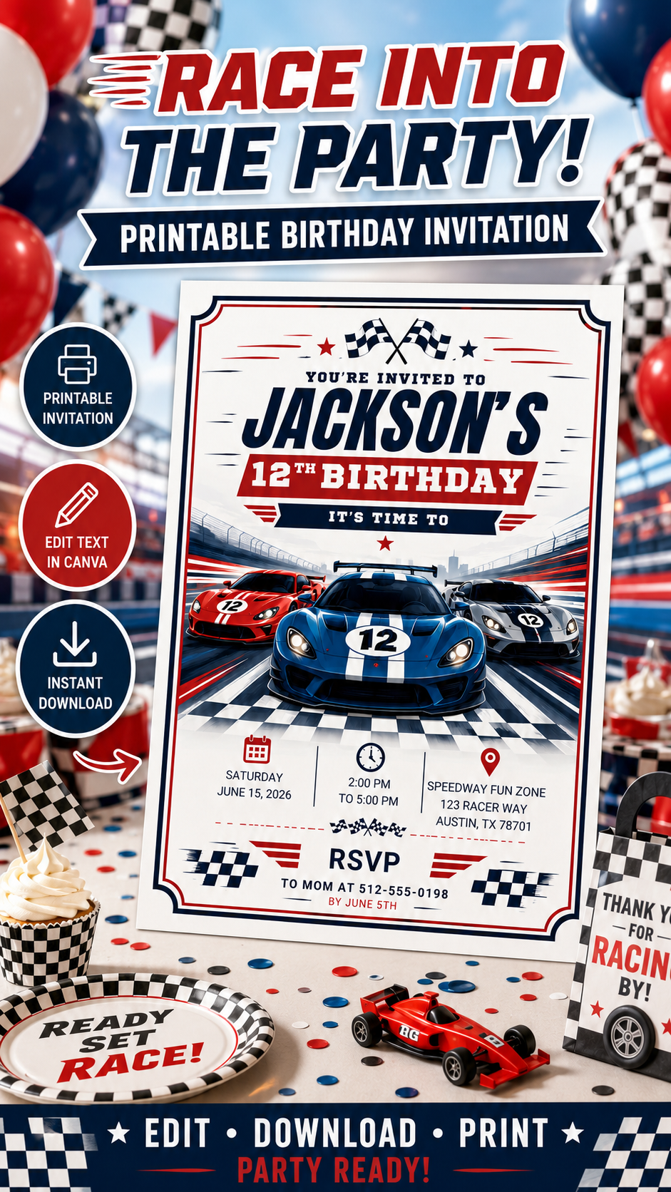 Race Car Birthday Invitation – Editable Canva Template
