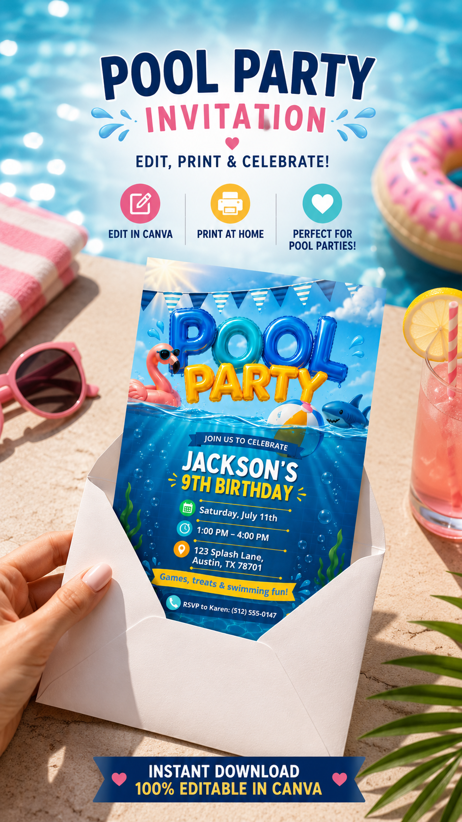 Pool Party Birthday Invitation featuring colorful design, perfect for summer celebrations and editable in Canva.