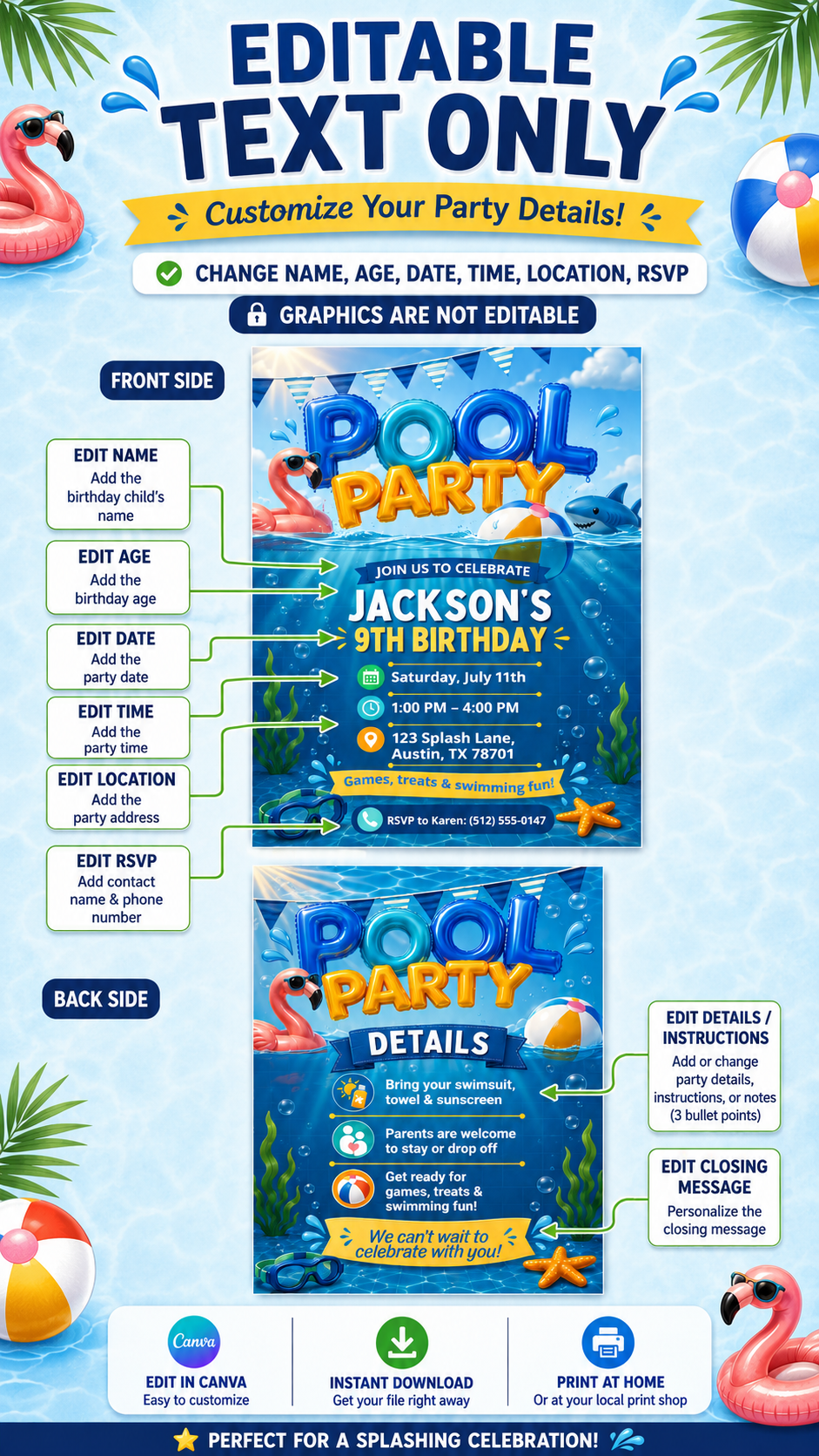 Pool Party Birthday Invitation editable Canva template featuring colorful details and customizable text for summer celebrations.