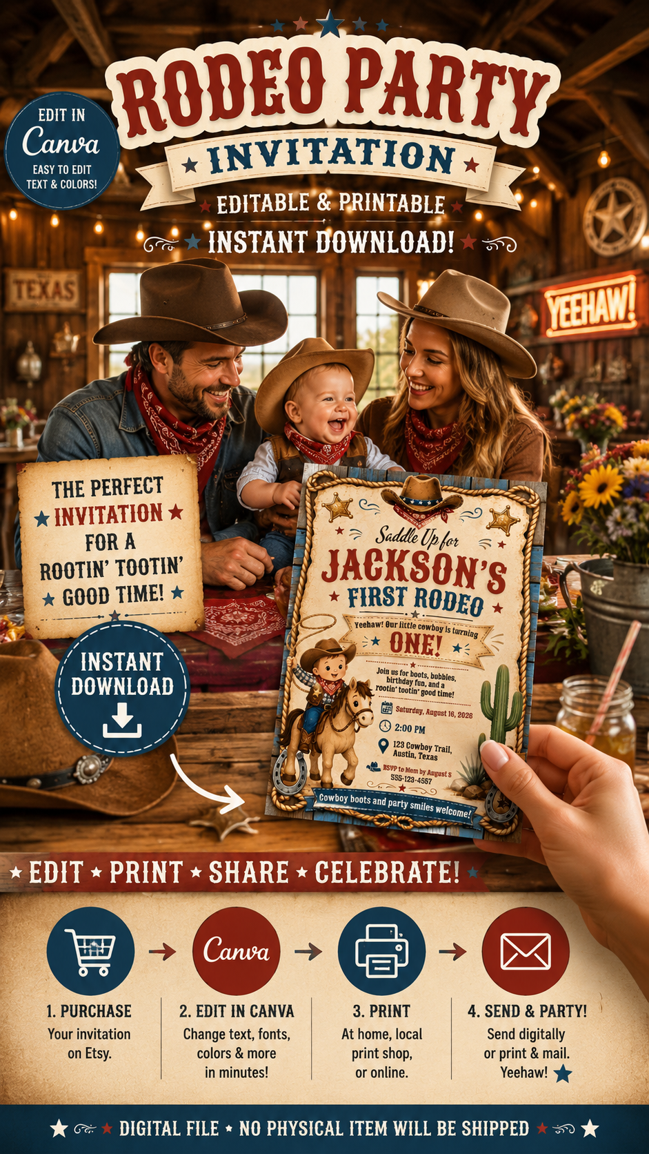 Western Birthday Invitation for a cowboy-themed first rodeo party, featuring a family and editable Canva template design.