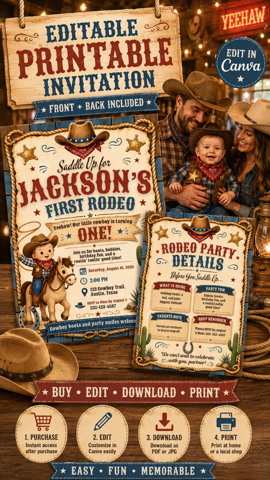 Editable Western Birthday Invitation for Jackson's First Rodeo, featuring cowboy theme and Canva template details.