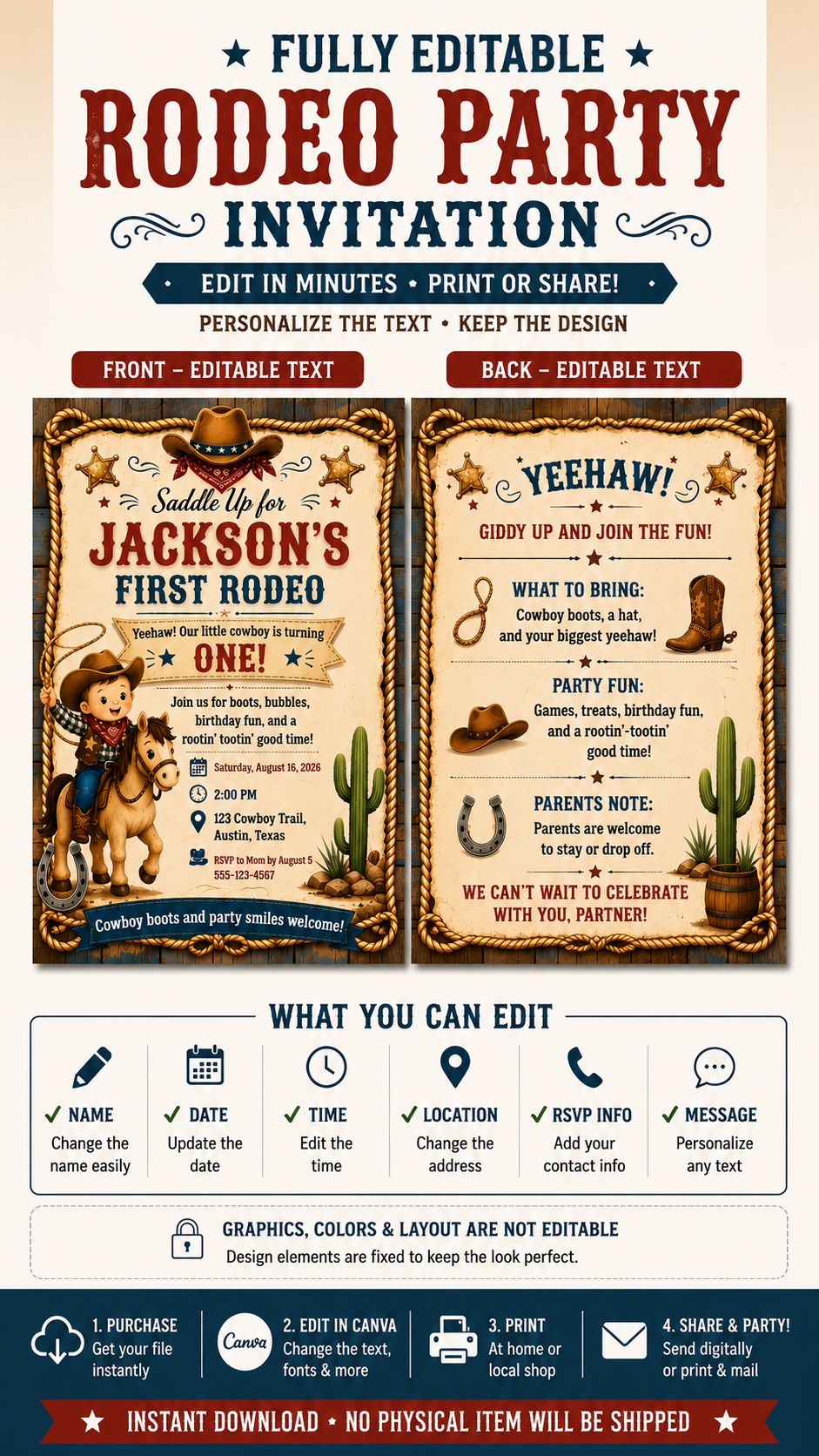 Western Birthday Invitation for a fully editable rodeo party, featuring front and back designs suitable for cowboy-themed celebrations.