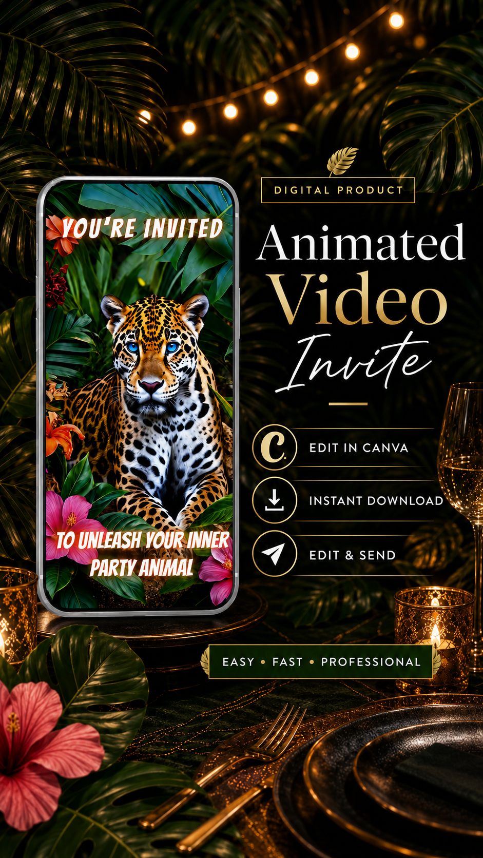 Leopard Birthday Video Invitation featuring a blue-eyed leopard in a tropical scene, perfect for jungle-themed parties.