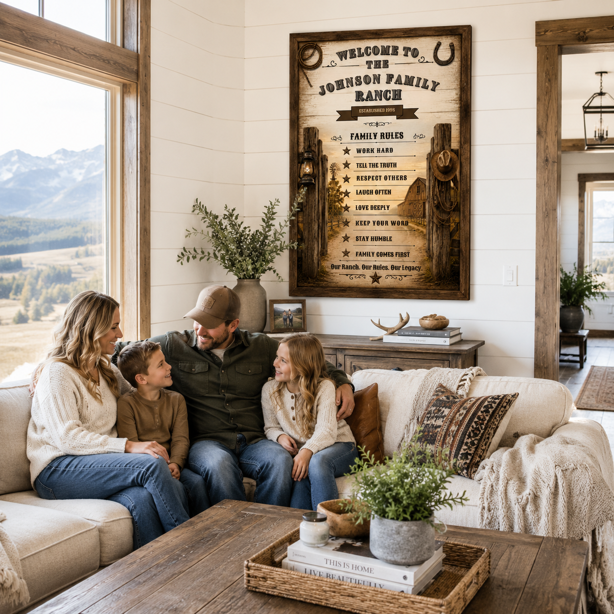 Image of a family gathered in a cozy living room with a customizable Family Ranch Rules Sign on the wall.