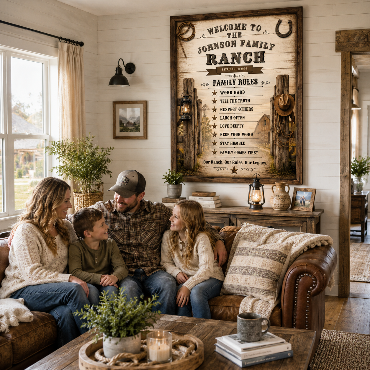 Family Ranch Rules Sign displayed in a cozy living room, showcasing family values in a western style.