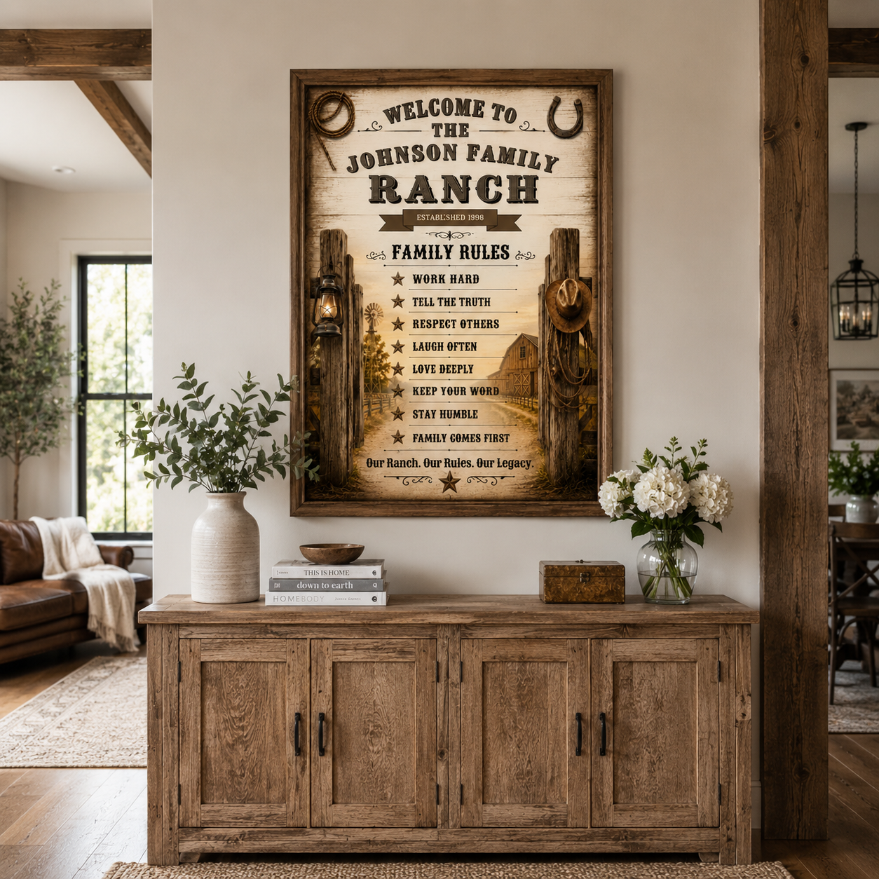 Family Ranch Rules Sign displayed in a cozy living room, featuring customizable family rules for a western-themed decor.
