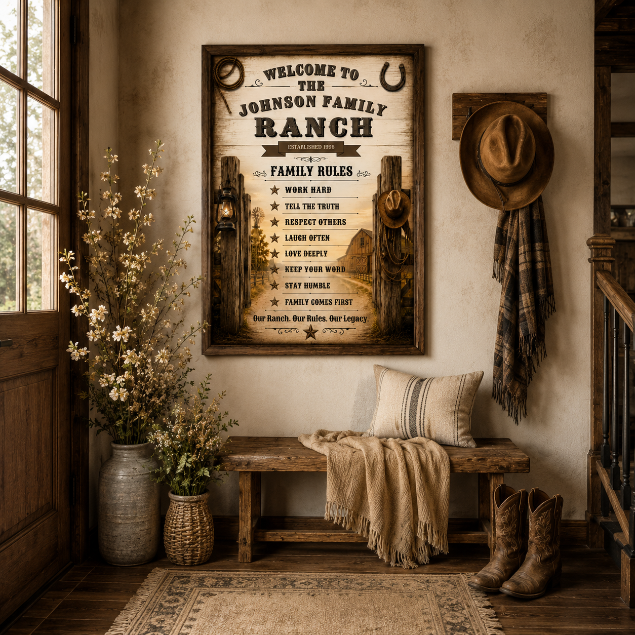 Family Ranch Rules Sign displayed in a rustic home entrance celebrating family values in western style.