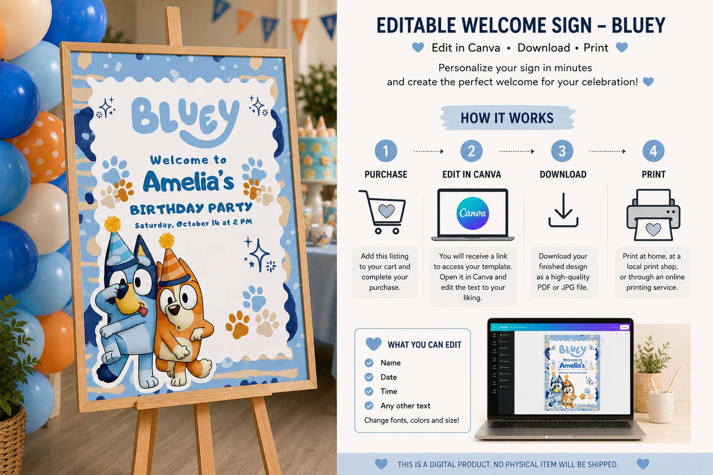 Bluey birthday welcome sign featuring characters and details for a child's birthday party.