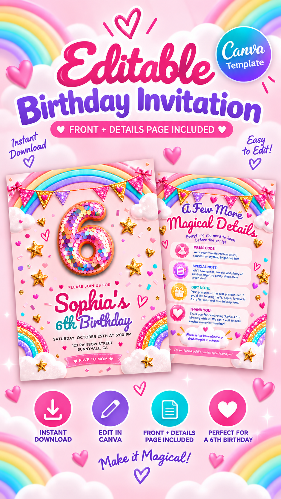 Printable Rainbow Birthday Invitation – Editable Canva Template with cheerful design and magical details.