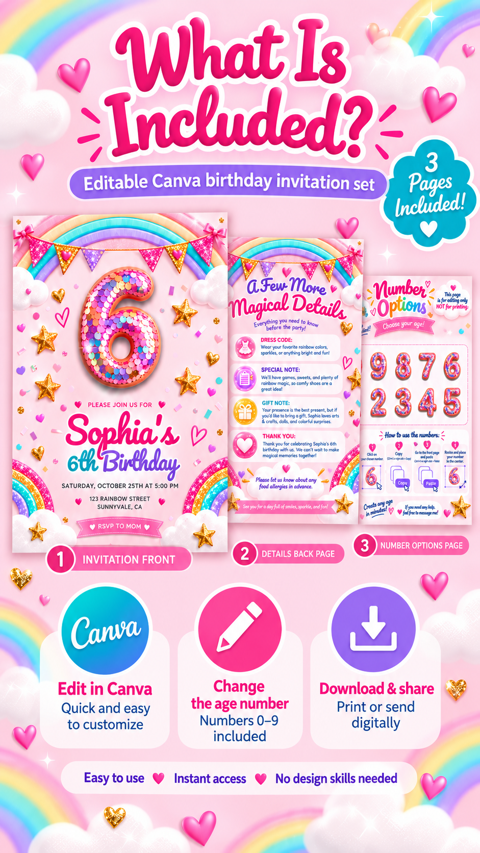 Printable Rainbow Birthday Invitation editable Canva template showcasing invitation details and customization options.